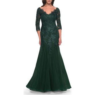 La Femme Mermaid Tulle and Lace Dress with Scallop Detailed Neckline in Emerald at Nordstrom, Size 10