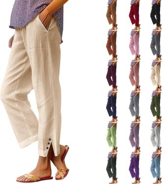 Generic Womens Linen Trousers with Elasticated Waist for Summer Cropped Trousers Wide Leg Lightweight with Pockets Casual Loose Holiday Beach Pants Relaxed Br