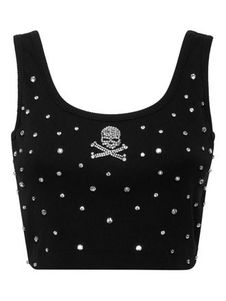 Philipp Plein rhinestone-embellished top - women - Spandex/Elastane/glass/Cotton/Brass - M - Black