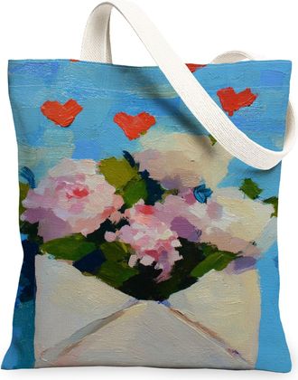 Generic Floral Canvas Tote Bags, Flower Design Reusable Shopping Bags, Spring Vintage Lightweight Washable Shoulder Strap Canvas Fo, Blue, 13x15 Inch