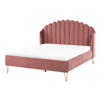 Beliani Cama Con Somier De Terciopelo Rosa 140 X 200 Cm Patas De Metal Cabecero Retro Capiton&eacute; Ambillou