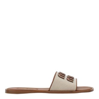 Miu Miu Sliders, female, Beige, Size: 6 1/2 US Canvas and Leather Slides
