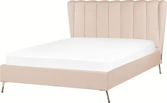 Beliani Cama Con Somier De Terciopelo Beige Dorado 140 X 200 Cm Metal Usb Cabecero Miribel