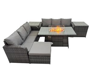 Fimous Garden Rattan 3 Seater Sofa with Big Stool 2 Side Tables in Dark Grey