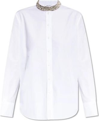 Alexander McQueen Shirt met glinsterende kristallen bij de halslijn - Dames - Overhemden - Wit - S - Katoen - Overhemden