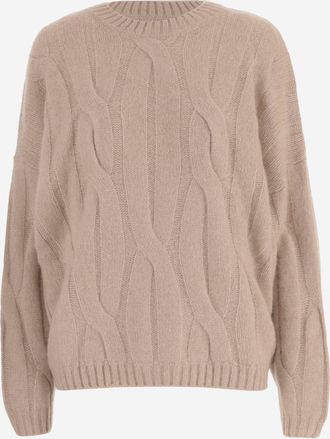 Allude Beige Cable Knit Cashmere Silk Crew Neck Sweater