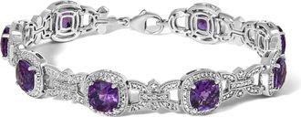 House of Brilliance Silver Cushion-Cut Purple Amethyst & Diamond Vintage Halo Link Bracelet
