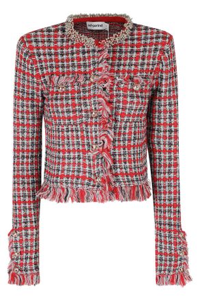 Self Portrait Red Fringed Checkered Jeweled Button Cardigan