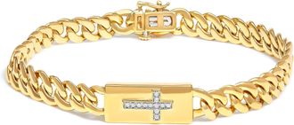 House of Brilliance 4K Yellow Gold Plated.925 Sterling Silver Diamond Accent Inlaid Cross Cuban Link Bracelet- 7.25