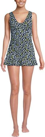 Lands End SlenderSuit Grecian Mini Swim Dress in Navy Mini Bloom Floral at Nordstrom, Size 16P