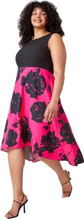Roman Womens Premium Stretch Floral Midi Dress - Pink - Size 18 UK