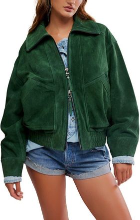 Free People Desert Moon Suede Bomber Jacket in Green Grove at Nordstrom, Size X-Small
