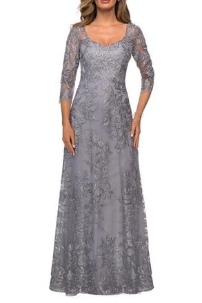 La Femme Long Lace A-line Three Quarter Sleeve Gown in Silver at Nordstrom, Size 18