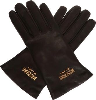Moschino Leren handschoenen met logo - Dames - Handschoenen - Zwart - 7 IN - Wol - Accessoires
