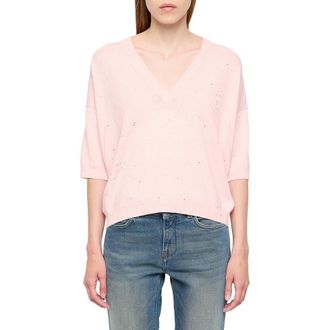 Zadig&Voltaire Wully Lico Embellished Linen Blend V-Neck Sweater in Bebe at Nordstrom, Size X-Small