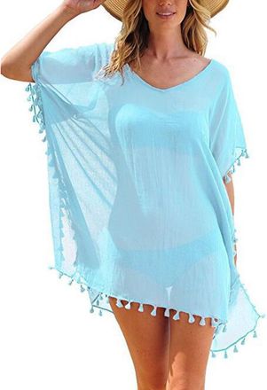Generic Bikini Cover Tops Tassels Beach Kaftan Loose Chiffon Womens Swimwear Trim Up Plus Size Swimwear Board Shorts for Women Swim 3 (b-Sky Blue, One Size)