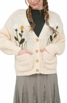 Blu Pepper Floral Embroidery V Neck Button Down Knit Cardigan In Cream