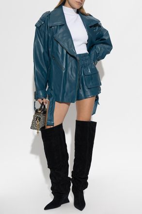 Balmain Leather Jacket With Belt, Womens, Blue