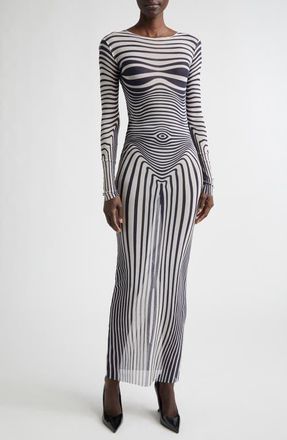 Jean Paul Gaultier Re-Edition Body Morphing Trompe lOeil Long Sleeve Mesh Dress in Ecru/Navy at Nordstrom, Size X-Small