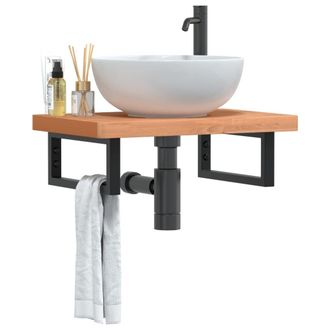 Berkfield Home Basin Shelf Wall Mounted Steel & Solid Wood Beech in Brown