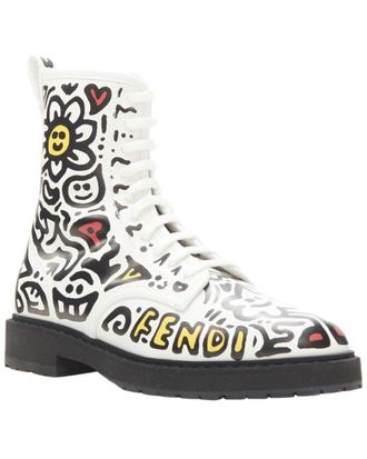 Fendi Fendi Womens Leather Mr Doodle Logo Graffiti Print Laced Combat Ankle Boot (Authentic Pre-Loved)