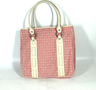 Bulgari Pink White Leather Canvas Shoulder Bag Tote Bag (Pre-Owned)