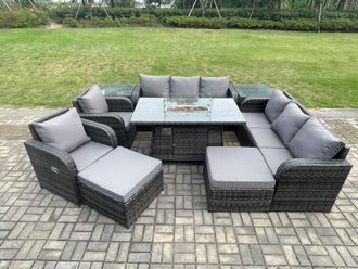 Fimous Rattan Outdoor Furniture Gas Fire Pit Rectangle Dining Table Gas Heater Reclining Chair 3 Seater Sofa Sets with Side Table in Dark Grey