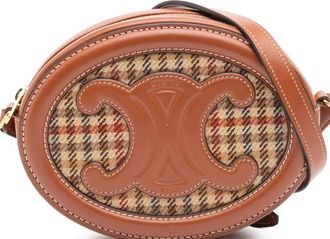 Celine Borsa a tracolla ovale Cuir Triomphe piccola in pelle di vitello e tela con motivo a quadri 2022 - Marrone