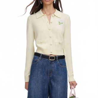 Self Portrait Flower Embroidered Knit Cardigan In Yellow