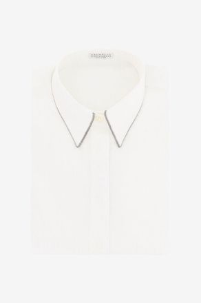 Brunello Cucinelli Schmales Popeline-Stretch-Hemd mit besticktem Kragen Monili