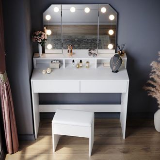 Elegant Lighting White Dressing Table with Foldable Mirror Makeup Desk with 2 Drawer Open Shelves (Dresser Set with Stool + 3color led light) - Elegant