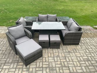 Fimous PE Rattan Garden Furniture Set Outdoor Height Adjustable Rising lifting Dining Table Chair With 2 Side Tables in Dark Grey