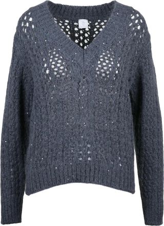 Eleventy Grey Alpaca-Blend Openwork Sequin V-Neck Sweater