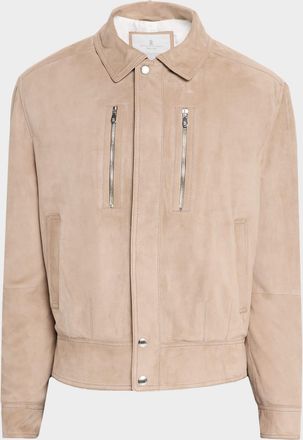 Brunello Cucinelli Mens Suede Full-Zip Jacket with Chest Zips
