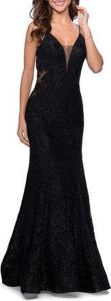 La Femme Long Mermaid Lace Dress with Back Rhinestone Detail in Black at Nordstrom, Size 16