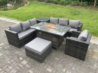 Fimous Rattan Garden Furniture Sofa Set Outdoor Patio Gas Fire Pit Dining Table Gas Heater Burner Side Table in Dark Grey