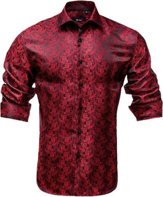 Generic Wine Burgundy Paisley Silk Mens Shirtlong Sleeve Casual Shirts for Men Jacquard Male Business Party Wedding Dress CY-1007 S