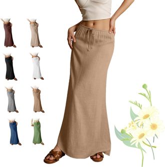 Generic 2025 Summer Linen Maxi Skirts for Women, Casual Comfy Drawstring Waist A Line Skirts, Cute Vacation Boho Long Flowy Skirts (Dark Brown,M)