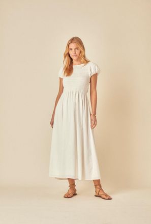 Nobody's Child White Shirred Puff Sleeve Sasha Midi Dress