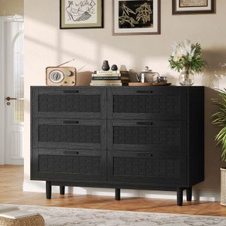 OEM Buffet De 6 Cajones De Madera, Buffet Bajo De Rat&aacute;n, Buffet Moderno De Sal&oacute;n, Mueble De Almacenamiento, Buffet 115x40x80 Cm, C&oacute;moda Negra