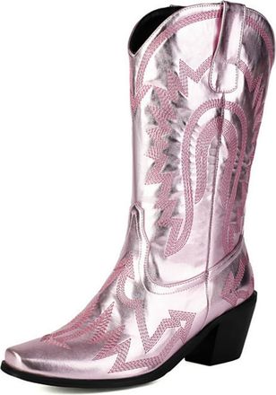 Generic Womens Chunky Heel Mid-Calf Boots Pull on Wide-Calf Boots with Embroidery Stitched Pointed Toe PU Leather Western Cowboy Boot,Pink,10.5 UK