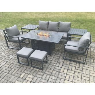 Fimous Fimous Aluminium Patio Outdoor Garden Furniture Lounge Sofa Set Gas Fire Pit Dining Table with 2 Side Tables 2 Small Footstools Dark Grey