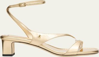 Jimmy Choo London 45mm Faye Metallic Leather Asymmetric Ankle-Strap Sandals