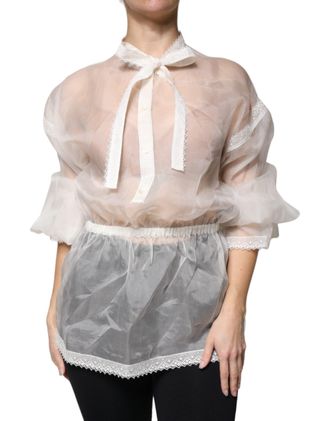 Dolce & Gabbana Womens White Ascot Collar Long Sleeves Blouse Top Silk Cotton