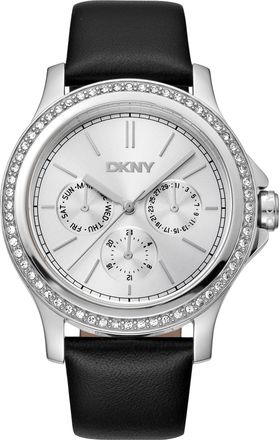 DKNY Women Watch, Silver Color Case, Silver Dial, Black Leather Strap, Multi-Function, 5 ATM