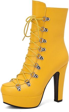 Generic Womens Ankle Lace Up Platform High Heel Boots Round Toe Faux Leather Metal Eyelets Bold Color Edgy Style Comfortable For Daily Casual Party Date,Yello