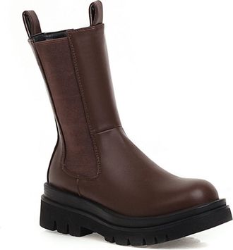 Generic Womens Pull on Mid-Calf Boots Block Heel Platform Short Boots Round Toe PU Leather Chelsea Boot,Brown,3.5 UK