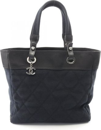 Chanel Black Canvas Leather Handbag Tote Bag (Pre-Owned)