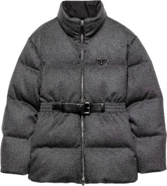 Prada belted logo-plaque down jacket - Blue