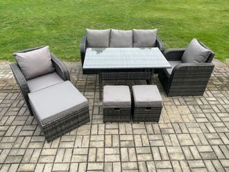 Fimous 8 Seater Rattan Outdoor Garden Furniture Set Rectangular Dining Table & Chair Sofa Set With 3 Footstools in Dark Grey